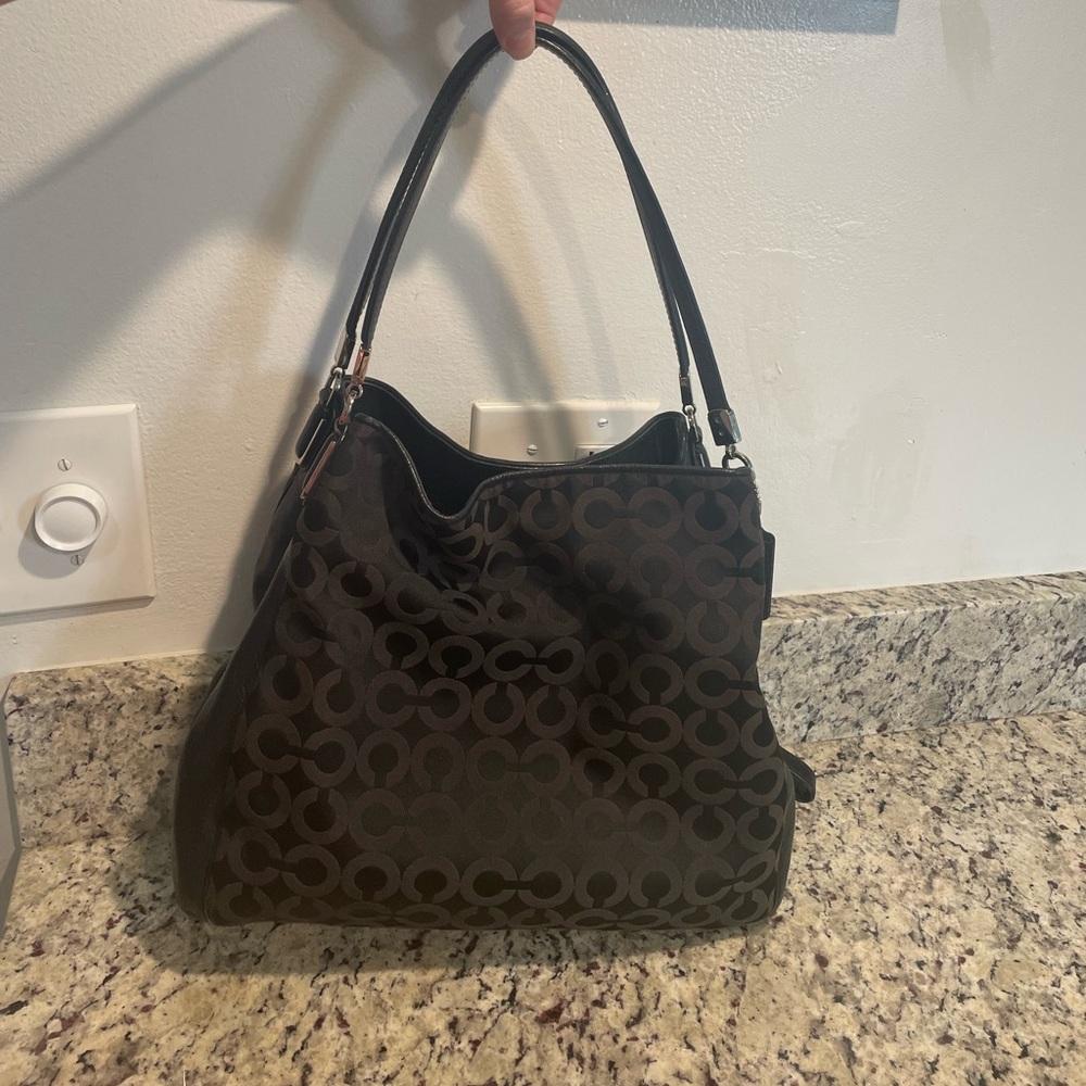 Authentic black coach bag purse leather and fabric C pattern
